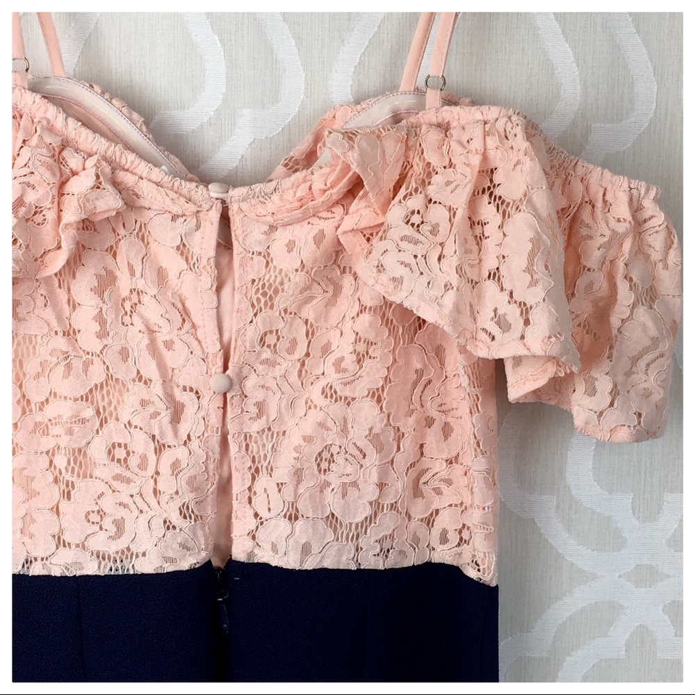 *CLEARANCE* Peach Lace Navy Ruffle Flares Jumpsuit - Picture 8 of 8